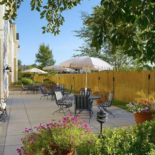 A sunny patio area with tables, chairs, and umbrellas surrounded by plants and greenery.