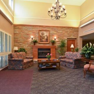 A cozy living room with a fireplace, decorated with sofas and a chandelier.