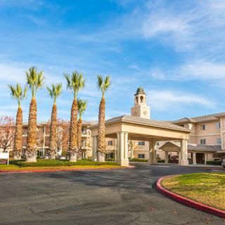 A grand entrance to a building with palm trees lining the driveway under a clear blue sky.
