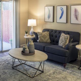 A modern living room with a dark sofa, decorative pillows, and a stylish coffee table in front of framed artwork.