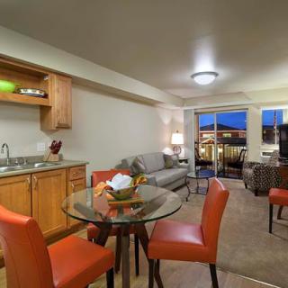 A cozy apartment featuring a combined living and dining area with modern furnishings.