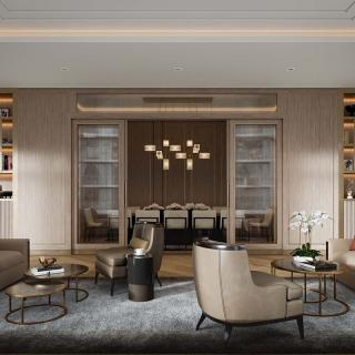 A luxurious and modern living room with elegant furniture and sophisticated lighting.