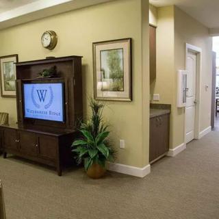 A cozy lobby area featuring a television, wall art, and decorative plants.