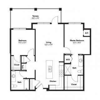 Two-bedroom apartment floor plan with living room, kitchen, and two bathrooms.