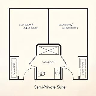 Layout of a semi-private suite with two bedrooms and a shared bathroom.