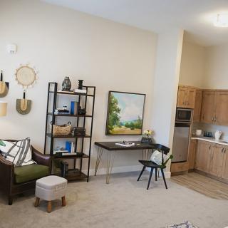 A modern apartment living space with a small kitchenette, stylish furniture, and decorative shelving.