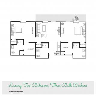 Luxury two-bedroom, three-bathroom apartment floor plan.
