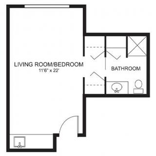 Studio apartment floor plan with a combined living room and bedroom, and a separate bathroom.
