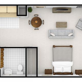 A top-down view of a compact apartment floor plan featuring a living room, bedroom, and bathroom.