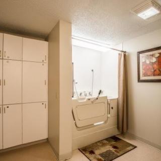 A modern bathroom featuring a walk-in bathtub, storage cabinets, and artwork on the wall.