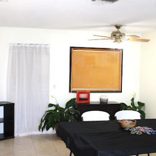 A bright and airy living room featuring a ceiling fan, potted plants, and minimalist furniture.