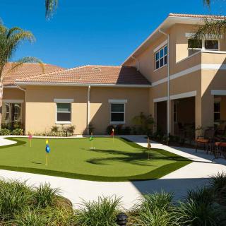 A modern house with a well-maintained backyard, featuring artificial grass and palm trees under a clear blue sky.