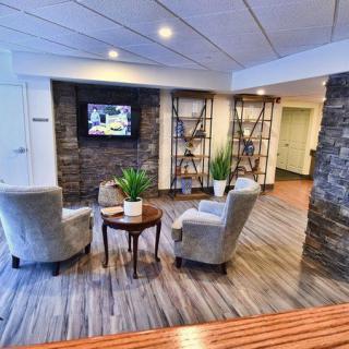 A modern lobby with comfortable seating, a stone accent wall, and decorative plants.