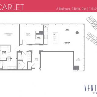 Floor plan of the Scarlet apartment featuring 2 bedrooms and 2 bathrooms.