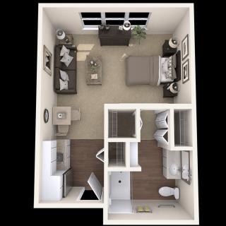 A 3D rendering of a compact one-bedroom apartment floor plan, featuring a living area, kitchen, bedroom, and bathroom.