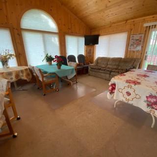 A cozy living and dining area with wood paneling, featuring a sofa, tables, chairs, and a television. Large windows let in ample sunlight.