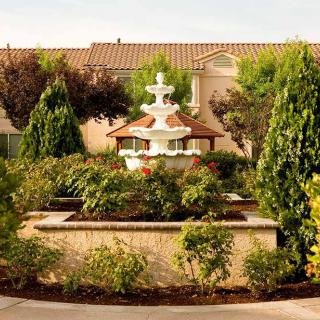 A beautifully landscaped garden featuring a white fountain surrounded by lush greenery and trees.