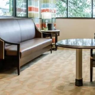 A cozy office lobby with a sofa, table, and large windows.