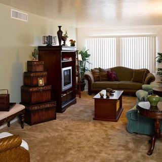 A cozy living room with a sofa, television, and coffee table surrounded by decorative elements.