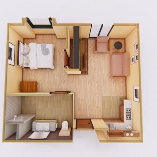 A 3D floor plan of a compact apartment featuring a bedroom, bathroom, and kitchen area.