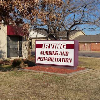 A sign for Irving Nursing and Rehabilitation situated outside the facility.