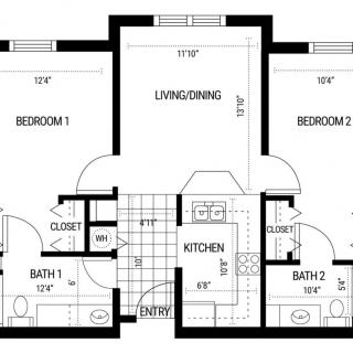 A floor plan of a two-bedroom apartment with a living/dining area, kitchen, and two bathrooms.
