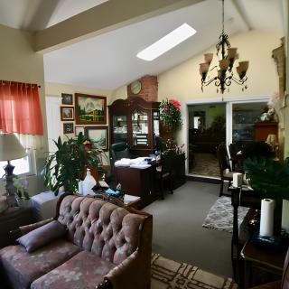 A cozy living room featuring vintage furniture and decor with indoor plants and a chandelier.