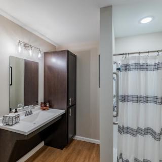 A modern bathroom featuring a sleek sink and mirror setup, dark wood cabinetry, and a shower with a striped curtain.