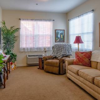 A cozy living room with a sofa, armchair, and potted plants by the windows.