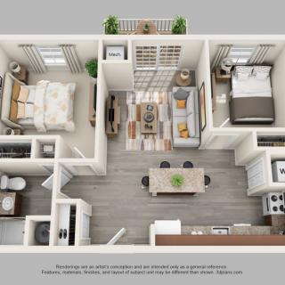 A detailed floor plan of a modern two-bedroom apartment with a living room, kitchen, and bathroom.