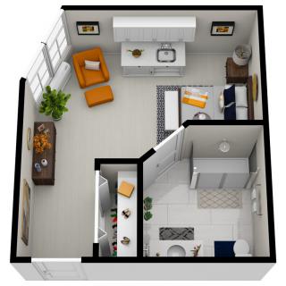 A 3D rendered floor plan of a small apartment featuring an open living and kitchen area, a bathroom, and a separate bedroom.