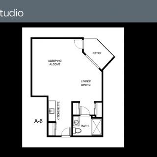 Studio apartment floor plan layout.
