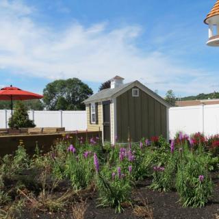 A well-maintained garden with colorful flowers, a wooden shed, and a red umbrella.