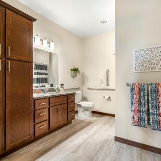 A modern bathroom featuring elegant wood cabinets and stylish decor.