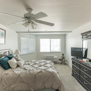A cozy bedroom with a ceiling fan, bed, dresser, and window letting in natural light.