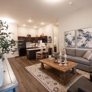 A modern open-concept living room with stylish furniture and kitchen area.