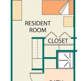 A floor plan showing a resident room with an attached closet and bathroom.