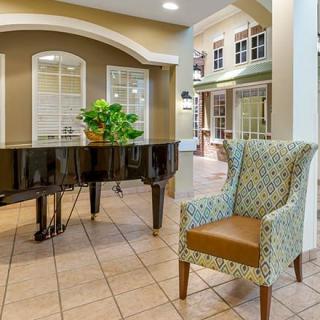 A cozy indoor setting featuring a grand piano, an upholstered chair, and decorative plants.