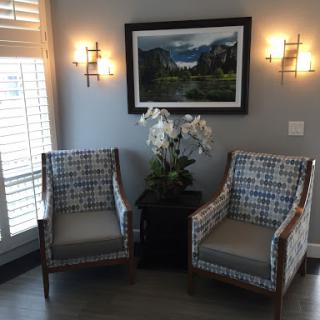 A cozy corner featuring patterned chairs, a decorative plant, and artwork on the wall.