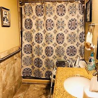 A cozy bathroom featuring a decorative shower curtain and a neatly arranged sink area.