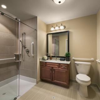 A modern bathroom with a shower, vanity mirror, and toilet.