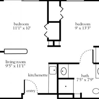A floor plan of a two-bedroom apartment with specified room dimensions.