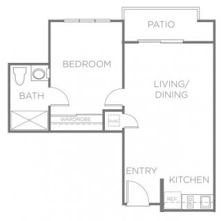 A simple floor plan of a one-bedroom apartment featuring a living/dining area, kitchen, bathroom, and patio.
