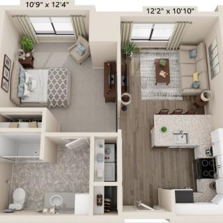 A 3D layout of a small apartment showing the bedroom, living room, kitchen, and bathroom.