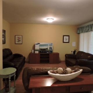 Cozy living room with dark sofas and a central entertainment unit.