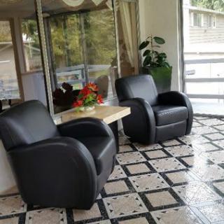 A modern lounge area with two black armchairs, a small table, and a potted plant.
