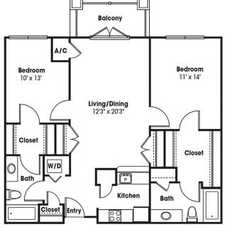 A floor plan of a two-bedroom apartment with a balcony, showing the layout of rooms and amenities.