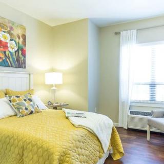 A cozy bedroom with yellow bedding, decorative pillows, and a warm table lamp.
