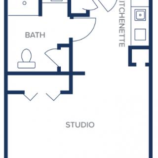 A floor plan of a studio apartment featuring a kitchenette and a bathroom.