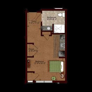 A floor plan of a compact one-bedroom apartment with labeled areas for living, cooking, and bathing.